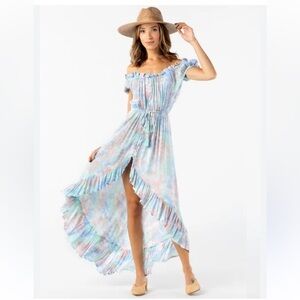 New Tiare Hawaii Riviera Maxi Dress Off The Shoulder Tie Dye Pink Blue White S